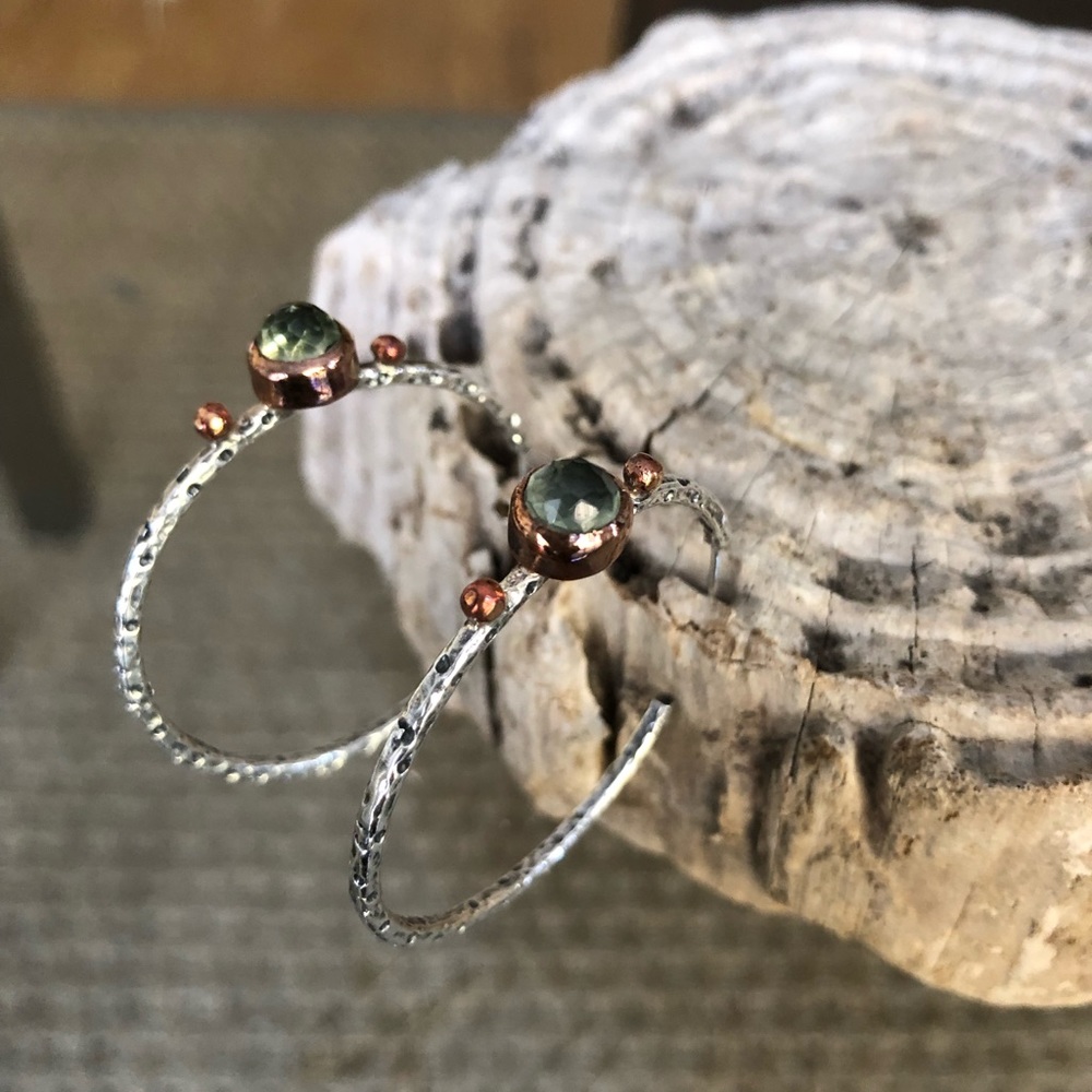 Sterling hand made hoops with green gemstones